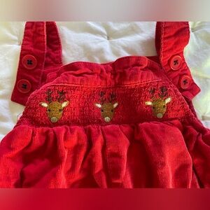 Baby Boden red reindeer corduroy overalls